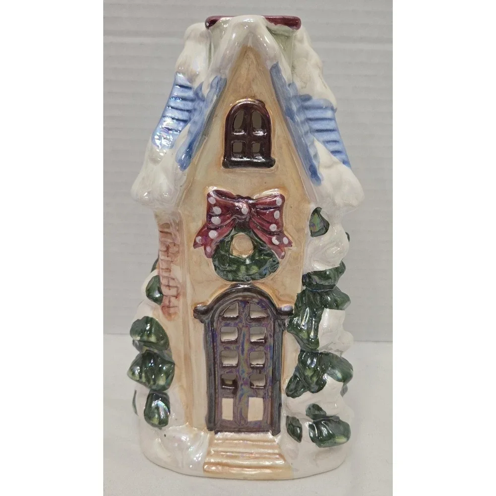 Vintage Whimsical Ceramic Christmas Village House Tea Light Candle Holder Pastel